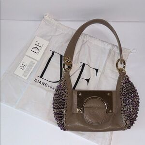 New Diane Von Furstenberg Brown Metallic Piper Ruffle Evening Shoulder Bag Purse